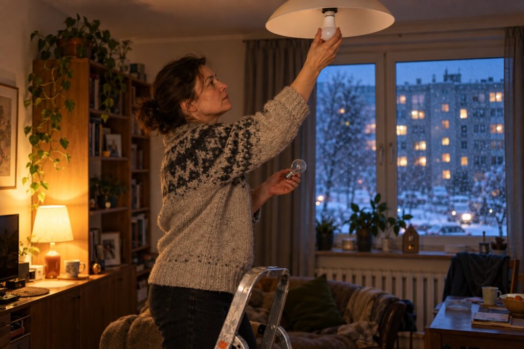 Kobieta w swetrze stoi na drabince i wkręca żarówkę LED w lampę sufitową, a za oknem pada śnieg nad osiedlem bloków.