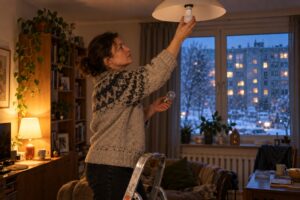 Kobieta w swetrze stoi na drabince i wkręca żarówkę LED w lampę sufitową, a za oknem pada śnieg nad osiedlem bloków.